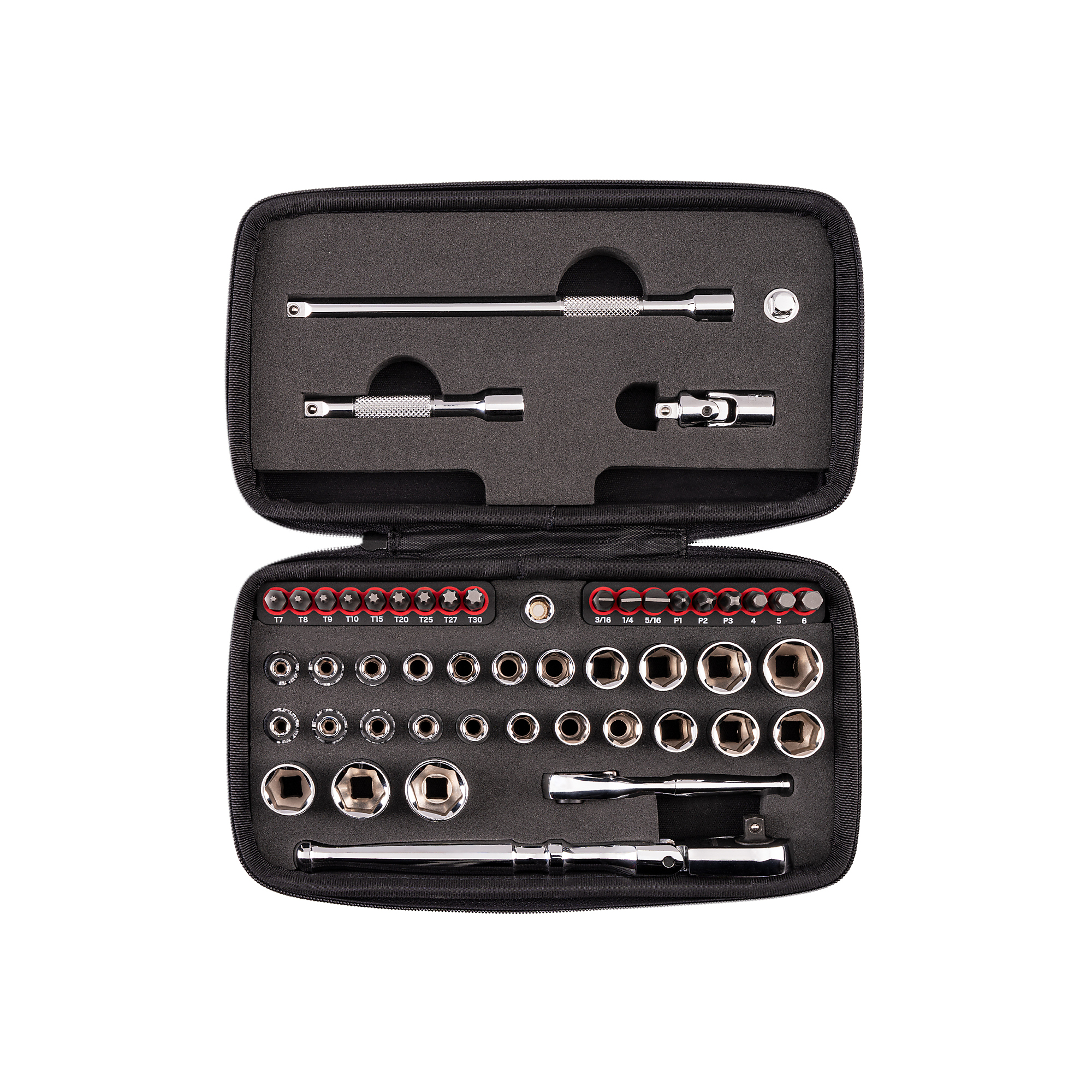 TEKTON 1/4 Inch Drive 6-Point Small Engine Shallow Socket, Bit, and Flex Head Quick-Release Ratchet Set with Case (50-Piece) | SKT07904